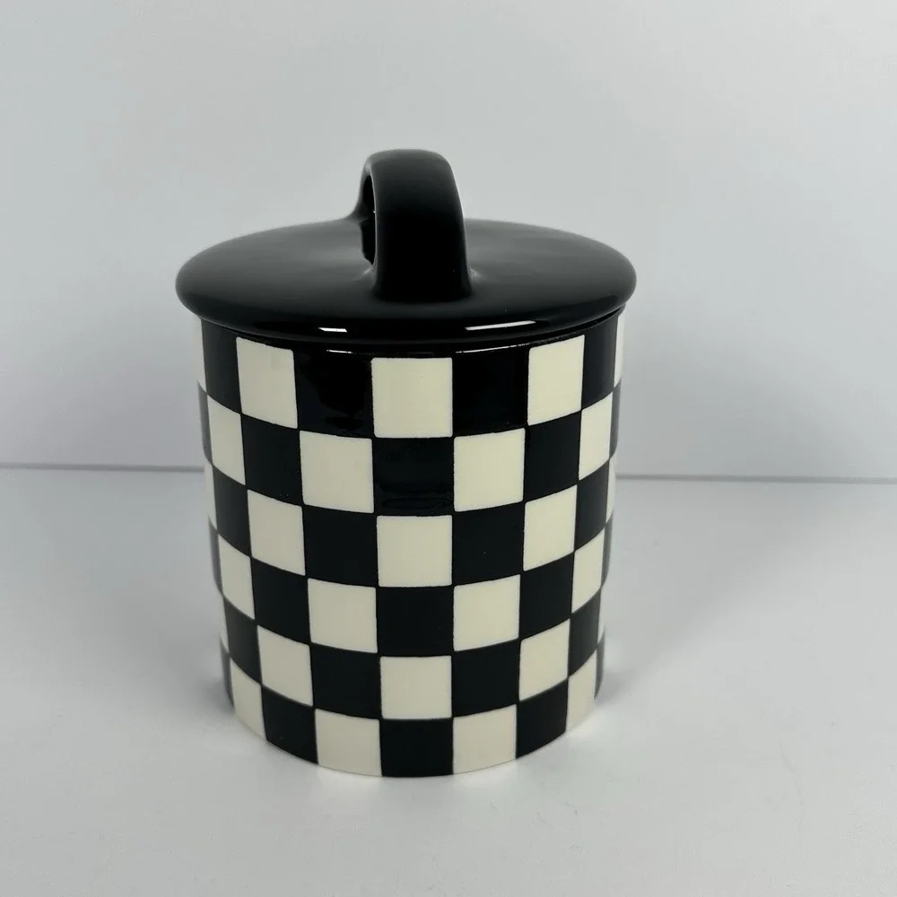 Potter's Studio Black White Checkered Cookie Jar‎ Ceramic Canister W Lid NEW